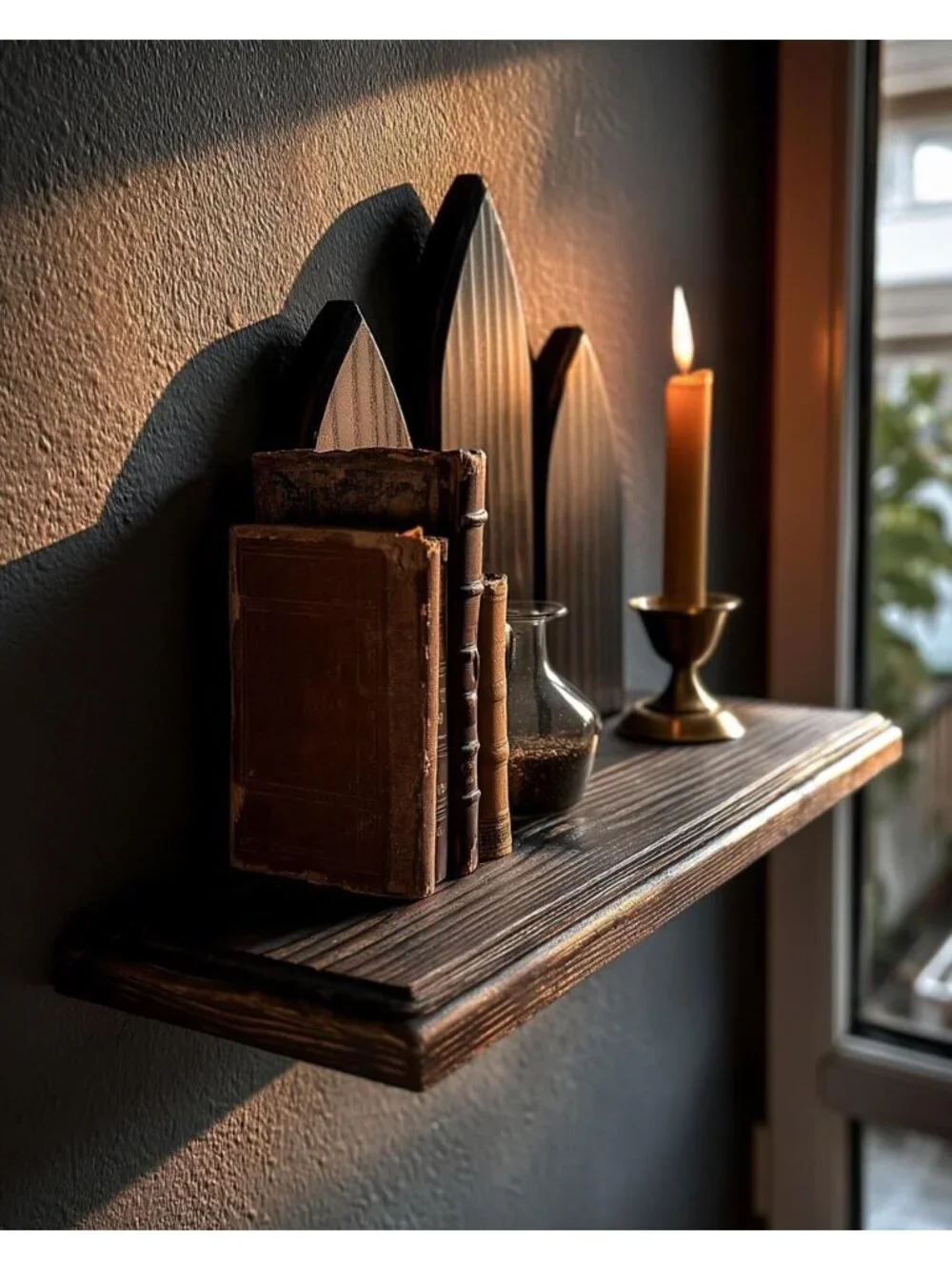 Triple Lancet Gothic Wall Shelf Dark Walnut Altar Ledge Dark Academia Wood Decor